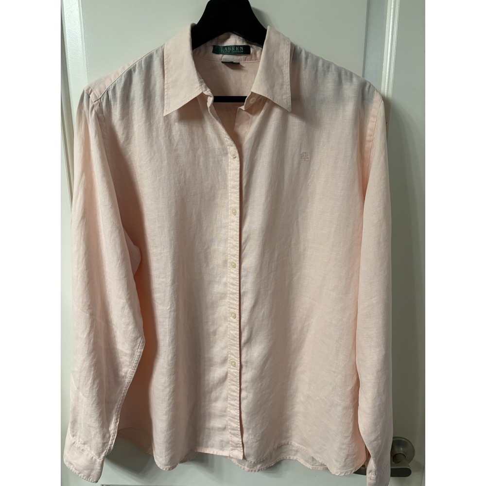 Ralph Lauren 100% Linen Button Down Shirt Peach Pink Long Sleeve Roll Tab Sz L